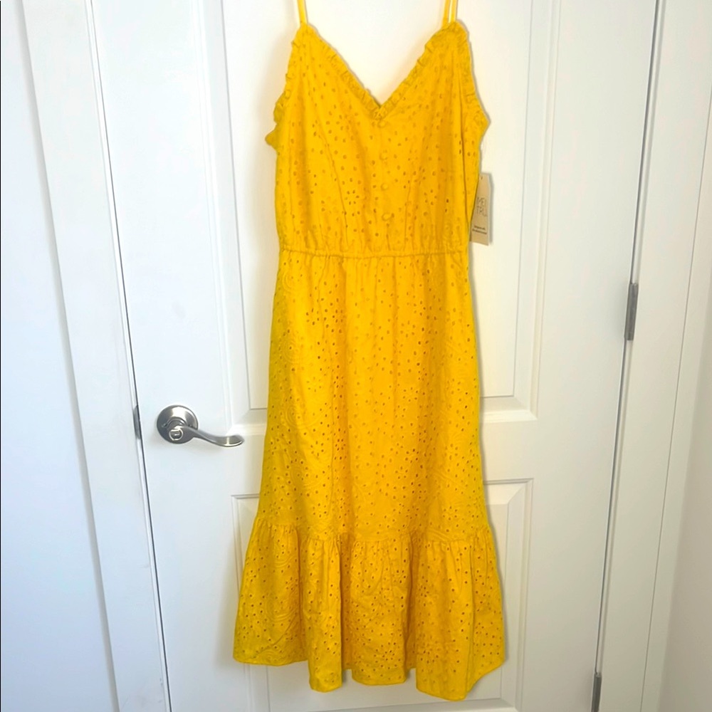 Yellow Eyelet Midi Dress Sz S | Sleeveless & Embroidered